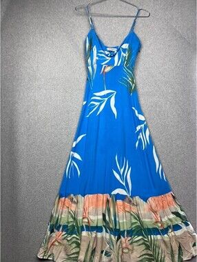 Basement Tropical Floral Maxi Dress XS Blue Palm Leave Resort Vacation Summer